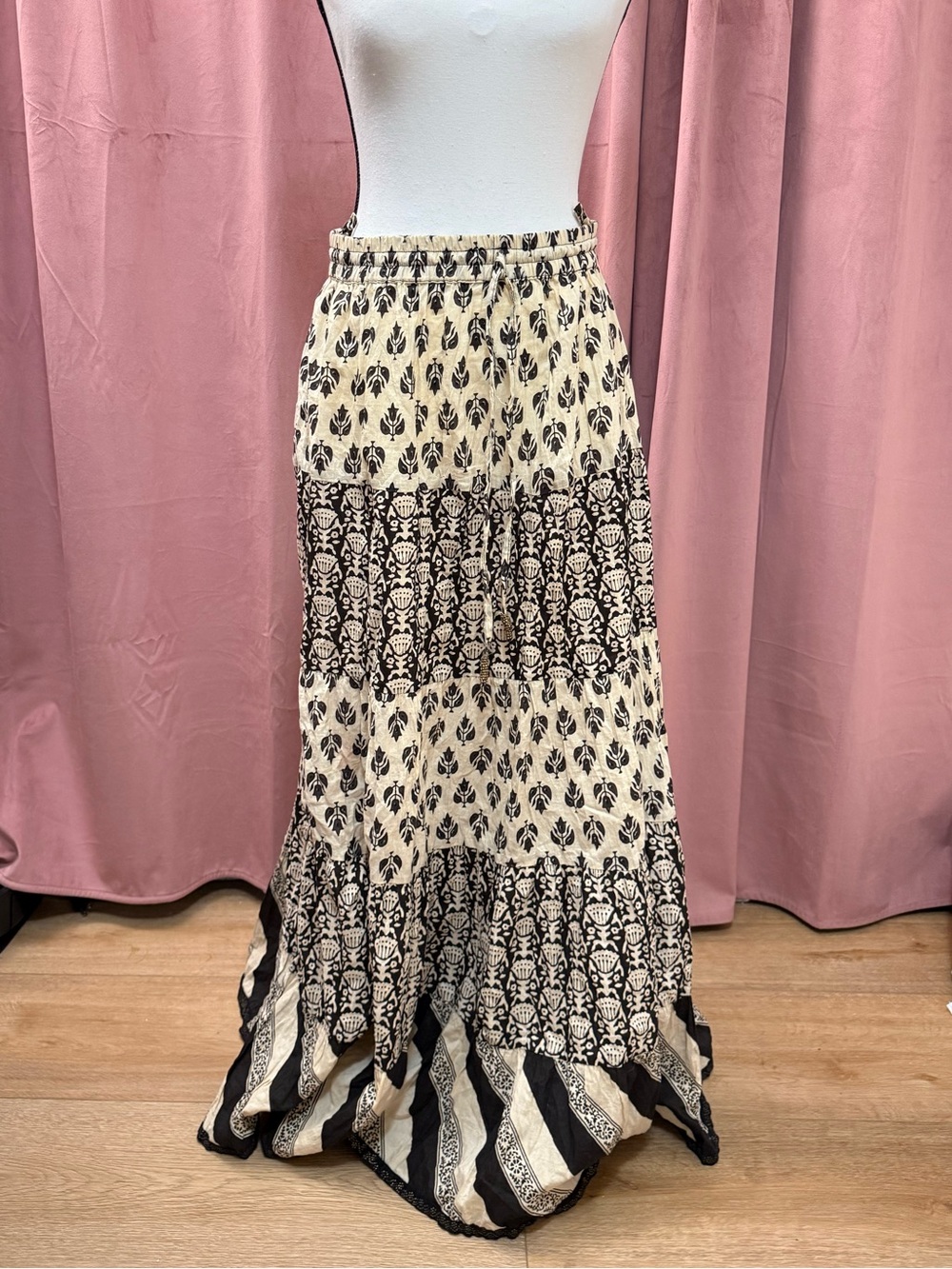 Boho Tiered Maxi Skirt in Cream and Black